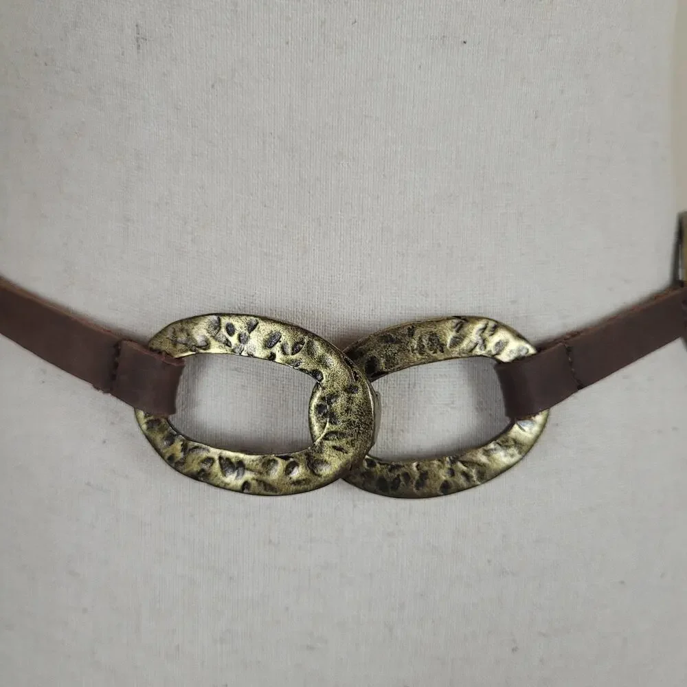 Leatherock Belt‎ Brown Leather Hammered Oval Medallion Boho USA Western Cowgirl